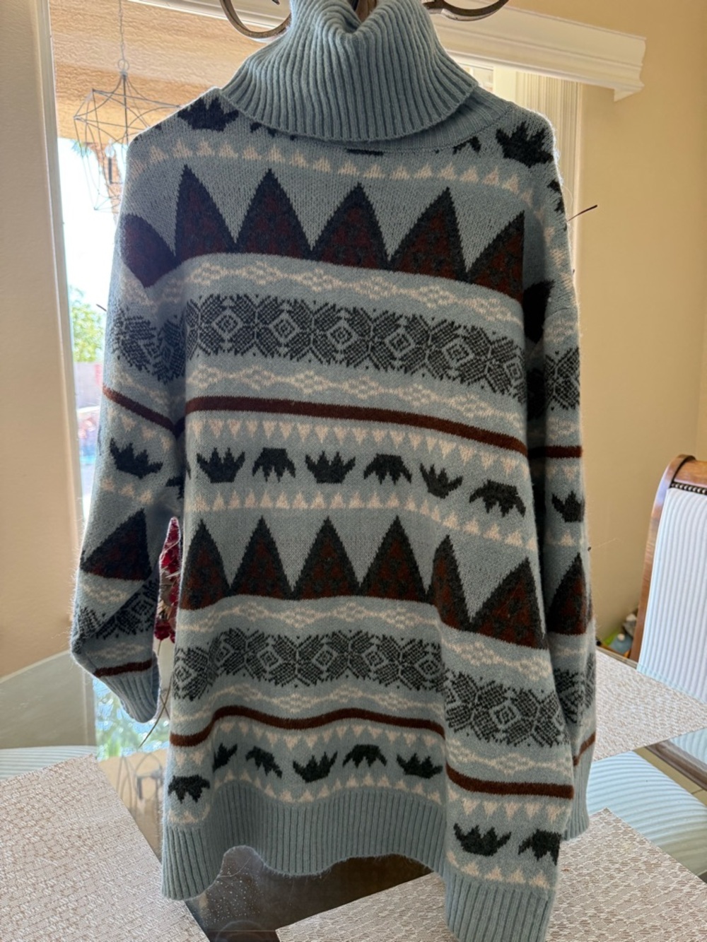 Light Blue Patterned Cowl Neck Sweater